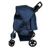 Pet Stroller Pushchair & Caddy Bag Organiser Detachable Navy Blue Foldable Carrier 15kg Capacity Wheels Brakes Dog Hook Leash Canopy Mesh Windows Basket Cup Holders Pockets & Waterproof Rain Cover
