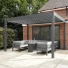 Metal Pergola With LED Lights 3m x 3m Adjustable Canopy Roof Powder Coated Aluminium Outdoor Garden Gazebo Sun Rain Shelter Patio Deck Drainage Weather Resistant Tools & Ground Bolts Grey and Rattan Corner Dining Set Outdoor Garden Furniture Black 9-Seate