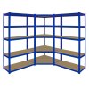 1 x Corner Garage Racking Unit & 2 x Single Racking Storage Units / 5 T-Rax Blue Steel & MDF Shelves / 4125kg capacity / 265kg per shelf / Free Rubber Mallet