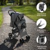 Pet Stroller Pushchair Woven Grey Carrier Foldable Trolley Travel Cart 15kg Capacity 4 Wheels Brakes Cat Dog Safety Hook Leash Cushion Canopy Mesh Windows Basket Cup Holders & Waterproof Rain Cover