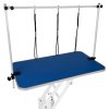 Hydraulic Pet Dog Grooming Table Lift Height Adjustable H Bar 180kg Weight Capacity Large 106cm x 61cm Blue Rubber Top Professional Heavy Duty Steel White Frame 4 Adaptable Stable Feet 3 Loop Leashes