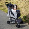 Pet Stroller Pushchair Grey Carrier Foldable Trolley Travel Cart 15kg Capacity 4 Wheels Brakes Cat Dog Safety Snap Hook Leash Cushion Canopy Mesh Windows Basket Cup Holders FREE Waterproof Rain Cover