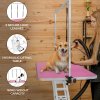 Hydraulic Pet Dog Grooming Table Lift Height Adjustable H Bar 180kg Weight Capacity Large 106cm x 61cm Pink Rubber Top Professional Heavy Duty Steel White Frame 4 Adaptable Stable Feet 3 Loop Leashes