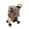 Pet Stroller Pushchair Woven Beige Carrier Foldable Trolley Travel Cart 15kg Capacity 4 Wheels Brakes Cat Dog Safety Hook Leash Cushion Canopy Mesh Windows Basket Cup Holders & Waterproof Rain Cover