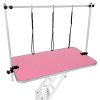 Hydraulic Pet Dog Grooming Table Lift Height Adjustable H Bar 180kg Weight Capacity Large 106cm x 61cm Pink Rubber Top Professional Heavy Duty Steel White Frame 4 Adaptable Stable Feet 3 Loop Leashes