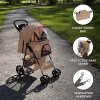 Pet Stroller Pushchair & Caddy Bag Organiser Detachable Woven Beige Foldable Carrier 15kg Capacity Wheels Brakes Dog Hook Leash Canopy Mesh Windows Basket Cup Holders Pockets & Waterproof Rain Cover