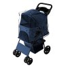 Pet Stroller Pushchair Navy Blue Carrier Foldable Trolley Travel Cart 15kg Capacity 4 Wheels Brakes Cat Dog Safety Hook Leash Cushion Canopy Mesh Windows Basket Cup Holders & Waterproof Rain Cover