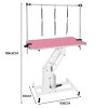 Hydraulic Pet Dog Grooming Table Lift Height Adjustable H Bar 180kg Weight Capacity Large 106cm x 61cm Pink Rubber Top Professional Heavy Duty Steel White Frame 4 Adaptable Stable Feet 3 Loop Leashes