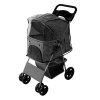 Pet Stroller Pushchair Grey Carrier Foldable Trolley Travel Cart 15kg Capacity 4 Wheels Brakes Cat Dog Safety Snap Hook Leash Cushion Canopy Mesh Windows Basket Cup Holders FREE Waterproof Rain Cover