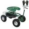 Wheeled Garden Cart Seat Heavy Duty Swivel Mobile Tool Tray Utility Basket Gardening Landscape Weeding Outdoor Work Stool