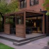 Wood Effect Aluminium Pergola With LED Lights & 2 x Side Panels - 3m x 3m