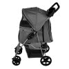 Pet Stroller Pushchair Grey Carrier Foldable Trolley Travel Cart 15kg Capacity 4 Wheels Brakes Cat Dog Safety Snap Hook Leash Cushion Canopy Mesh Windows Basket Cup Holders FREE Waterproof Rain Cover