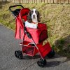 Pet Stroller Pushchair Red Carrier Foldable Trolley Travel Cart 15kg Capacity 4 Wheels Brakes Cat Dog Safety Snap Hook Leash Cushion Canopy Mesh Windows Basket Cup Holders FREE Waterproof Rain Cover