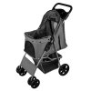 Pet Stroller Pushchair Grey Carrier Foldable Trolley Travel Cart 15kg Capacity 4 Wheels Brakes Cat Dog Safety Snap Hook Leash Cushion Canopy Mesh Windows Basket Cup Holders FREE Waterproof Rain Cover