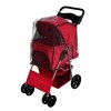 Pet Stroller Pushchair Red Carrier Foldable Trolley Travel Cart 15kg Capacity 4 Wheels Brakes Cat Dog Safety Snap Hook Leash Cushion Canopy Mesh Windows Basket Cup Holders FREE Waterproof Rain Cover