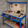 Garage Workbench Blue Pegboard Drawer Shelves LED Light Heavy Duty Steel Wooden Workshop Industrial Shed DIY Work Table Desk Tool Storage Station Unit 370kg Total Capacity 40 Hooks Rubber Mallet