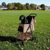 Pet Stroller Pushchair & Caddy Bag Organiser Detachable Woven Beige Foldable Carrier 15kg Capacity Wheels Brakes Dog Hook Leash Canopy Mesh Windows Basket Cup Holders Pockets & Waterproof Rain Cover