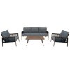Aluminium 4 Piece Sofa Set with Black Rattan Storage Box - Wood Effect