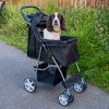 Pet Stroller Pushchair Black Carrier Foldable Trolley Travel Cart 15kg Capacity 4 Wheels Brakes Cat Dog Safety Snap Hook Leash Cushion Canopy Mesh Windows Basket Cup Holders FREE Waterproof Rain Cover