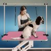 Hydraulic Pet Dog Grooming Table Lift Height Adjustable H Bar 180kg Weight Capacity Large 106cm x 61cm Pink Rubber Top Professional Heavy Duty Steel White Frame 4 Adaptable Stable Feet 3 Loop Leashes