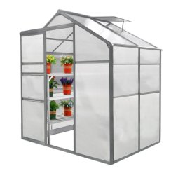 Greenhouse Polycarbonate, Clear, Aluminium Frame, Silver, Growhouse with Window & Sliding Door 6ft x 4ft