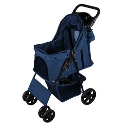 Pet Stroller Pushchair & Caddy Bag Organiser Detachable Navy Blue Foldable Carrier 15kg Capacity Wheels Brakes Dog Hook Leash Canopy Mesh Windows Basket Cup Holders Pockets & Waterproof Rain Cover