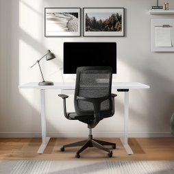 Electric Standing Desk 140cm x 60cm White Height Adjustable Ergonomic Sit to Stand Computer Workstation Built In Drawer USB A & C Charging Cable Holes & Tray Bag Hook Office Table Memory Smart Panel