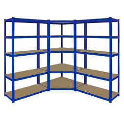 1 x Corner Garage Racking Unit & 2 x Single Racking Storage Units / 5 T-Rax Blue Steel & MDF Shelves / 4125kg capacity / 265kg per shelf / Free Rubber Mallet