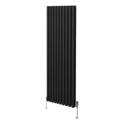 Oval Column Radiator 1800mm x 600mm & TRV Chrome Valves Modern Designer Double Panel Central Heating Heater Black Steel Vertical Kitchen Living Room FREE Cleaning Brush Fixing Kit & Brackets