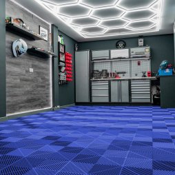 Vented Modular Interlocking Flooring Tiles x 120 Blue With Edges & Hexagon LED Lighting 14 White Lights & Border 6500K 3 Mount Options & Suspended Ceiling Kit Single Garage Floor Mat 3.2m x 6m 19.2m2