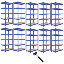 10 x Blue Racking Bay Unit 5 Tier Heavy Duty Steel Metal 200kg capacity Per Shelf Garage Shelves Storage Warehouse Shed Workshop Boltless Shelving 120 x 50 x 180cm Free Rubber Mallet