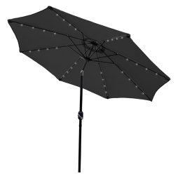 Grey 2.4m LED Tilt Parasol Umbrella Garden Sun Shade Canopy Patio Outdoor 360 Rotation UV Protection Winding Crank Adjustable 32 Solar Power Lights Cool White 8 Ribs 5.5kg FREE Waterproof Rain Cover