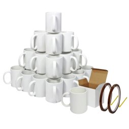 Blank Sublimation Mugs 72 Pack White Ceramic Polymer Coated 11oz Large AAA Grade Cup With Handle Presentation Gift Boxes & 2 Heat Tape Rolls 22m Long x 0.5cm Wide Tea Coffee Microwave Dishwasher Safe