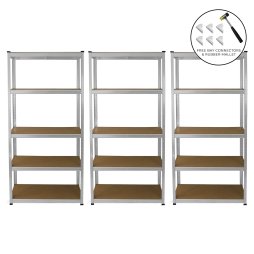 3 Garage Shelving Units 5 Tier Racking Storage Warehouse Bays Industrial Heavy Duty Boltless Galvanised Steel Shelves / FREE Rubber Mallet & Bay Connectors