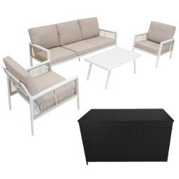 Aluminium 4 Piece Sofa Set with Black Rattan Storage Box - White