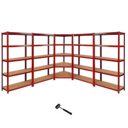 1 x Corner Garage Racking Unit & 4 x Single Racking Storage Units / 5 Z-Rax Red Steel & MDF Shelves / 8525kg capacity / 265kg per shelf / Free Rubber Mallet