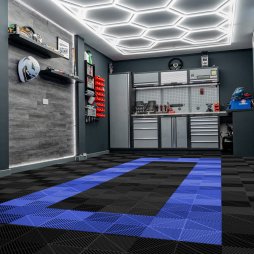 Vented Modular Interlocking Flooring Tiles 90 Black & 30 Blue With Edges & Hexagon LED Lighting 14 White Lights & Border 6500K 3 Mount Options & Suspended Ceiling Kit Single Garage Floor Mat 3.2m x 6m