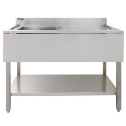 Catering Sink Stainless Steel Commercial Kitchen Restaurant Bar Utility Single Bowl Right Hand Drainer Free Standing Lower Storage Shelf Adjustable Feet Splashback 90 x 120 x 60cm FREE Strainer Plug