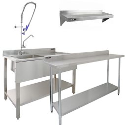 6ft Stainless Steel Catering Bench & 2 Wall Mounted Shelves Commercial Kitchen Work Prep Table Worktop Backsplash 2 Tier Adjustable Heavy Duty Corrosion Resistant FREE Microfibre Cloths & Fixing Kit