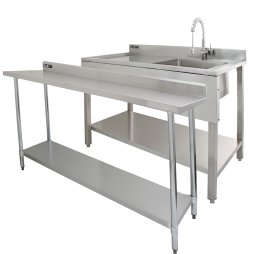 6ft Stainless Steel Catering Bench & 2 Wall Mounted Shelves Commercial Kitchen Work Prep Table Worktop Backsplash 2 Tier Adjustable Heavy Duty Corrosion Resistant FREE Microfibre Cloths & Fixing Kit