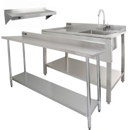 6ft Stainless Steel Catering Bench & 2 Wall Mounted Shelves Commercial Kitchen Work Prep Table Worktop Backsplash 2 Tier Adjustable Heavy Duty Corrosion Resistant FREE Microfibre Cloths & Fixing Kit