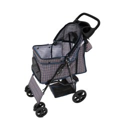 Pet Stroller Pushchair & Caddy Bag Organiser Detachable Blue Tartan Foldable Carrier 15kg Capacity Wheels Brakes Dog Hook Leash Canopy Mesh Windows Basket Cup Holders Pockets & Waterproof Rain Cover