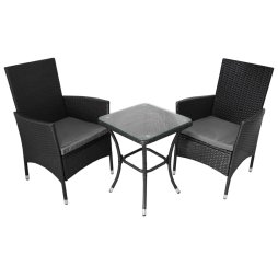 Black Rattan Bistro Set Garden Furniture 3 PCs Patio Weave Companion Outdoor Chairs Table Glass Top Set Conservatory Balcony 2 Seater Grey Cushions Washable Covers UV Protection | FREE Rain Cover