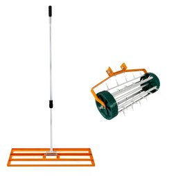 Lawn Leveller & Aerator Manual Grass Roller 3.8cm Spikes 100cm x 32cm Orange Levelling Rake Lute Removable Dual Purpose Extendable Handle 1.15 - 1.9m Easy Grip Heavy Duty Steel Aluminium Garden Tool