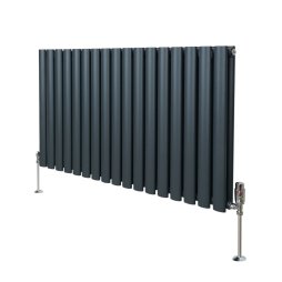 Oval Column Radiator 600mm x 1020mm & TRV Chrome Valves Designer Double Panel Central Heating Heater Anthracite Grey Steel Horizontal Kitchen Living Room FREE Cleaning Brush Fixing Kit & Brackets