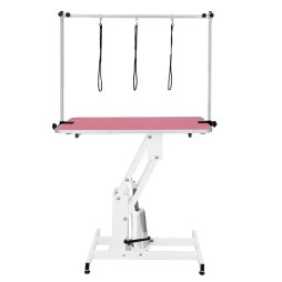 Hydraulic Pet Dog Grooming Table Lift Height Adjustable H Bar 180kg Weight Capacity Large 106cm x 61cm Pink Rubber Top Professional Heavy Duty Steel White Frame 4 Adaptable Stable Feet 3 Loop Leashes