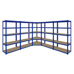 1 x Corner Garage Racking Unit & 4 x Single Racking Storage Units / 5 T-Rax Blue Steel & MDF Shelves / 6925kg capacity / 265kg per shelf / Free Rubber Mallet
