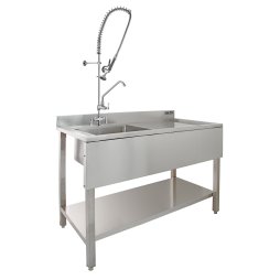 KuKoo Commercial Kitchen Catering Sink & Pre-Rinse Mixer Tap, RH Drainer Stainless Steel, 1.0 Bowl, 120cm Wide