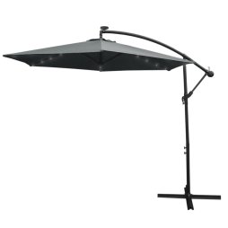 Grey LED Cantilever Parasol 3m Banana Hanging Umbrella Garden Sun Shade Canopy Patio Outdoor 360 Rotation Tilt UV Protection Winding Crank 24 Solar Powered Cool White LED Lights Waterproof Rain Cover