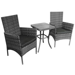 Garden Outdoor Rattan Bistro Set Furniture 3 PCs Patio Weave Companion Chair Table Set Conservatory Balcony 2 Seater Grey FREE Rain Cover